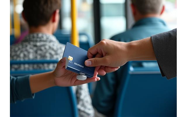 Bus interior with a passenger tapping a contactless payment reader